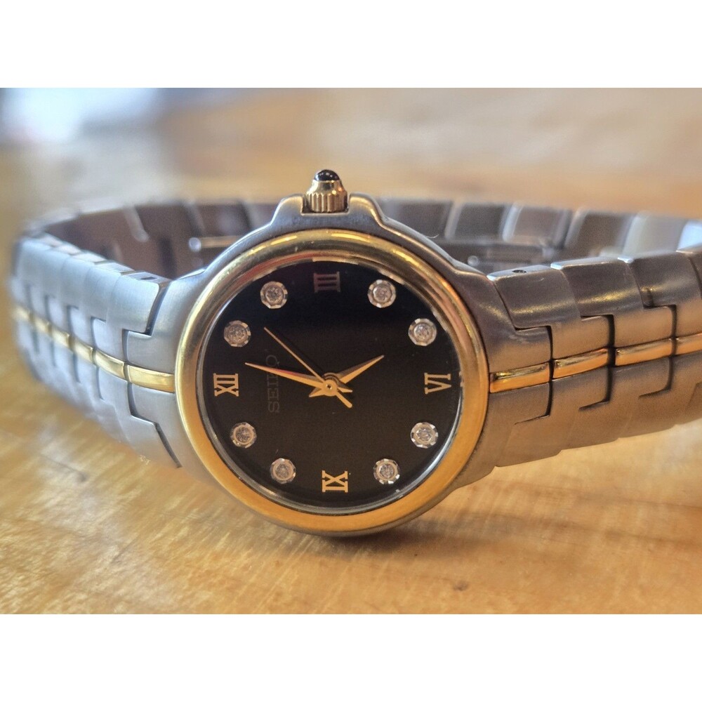 Seiko 18K Gold Capped St. Steel Diamond Black Ladies' Watch. 1N01-H966. New Bat - Picture 3 of 11